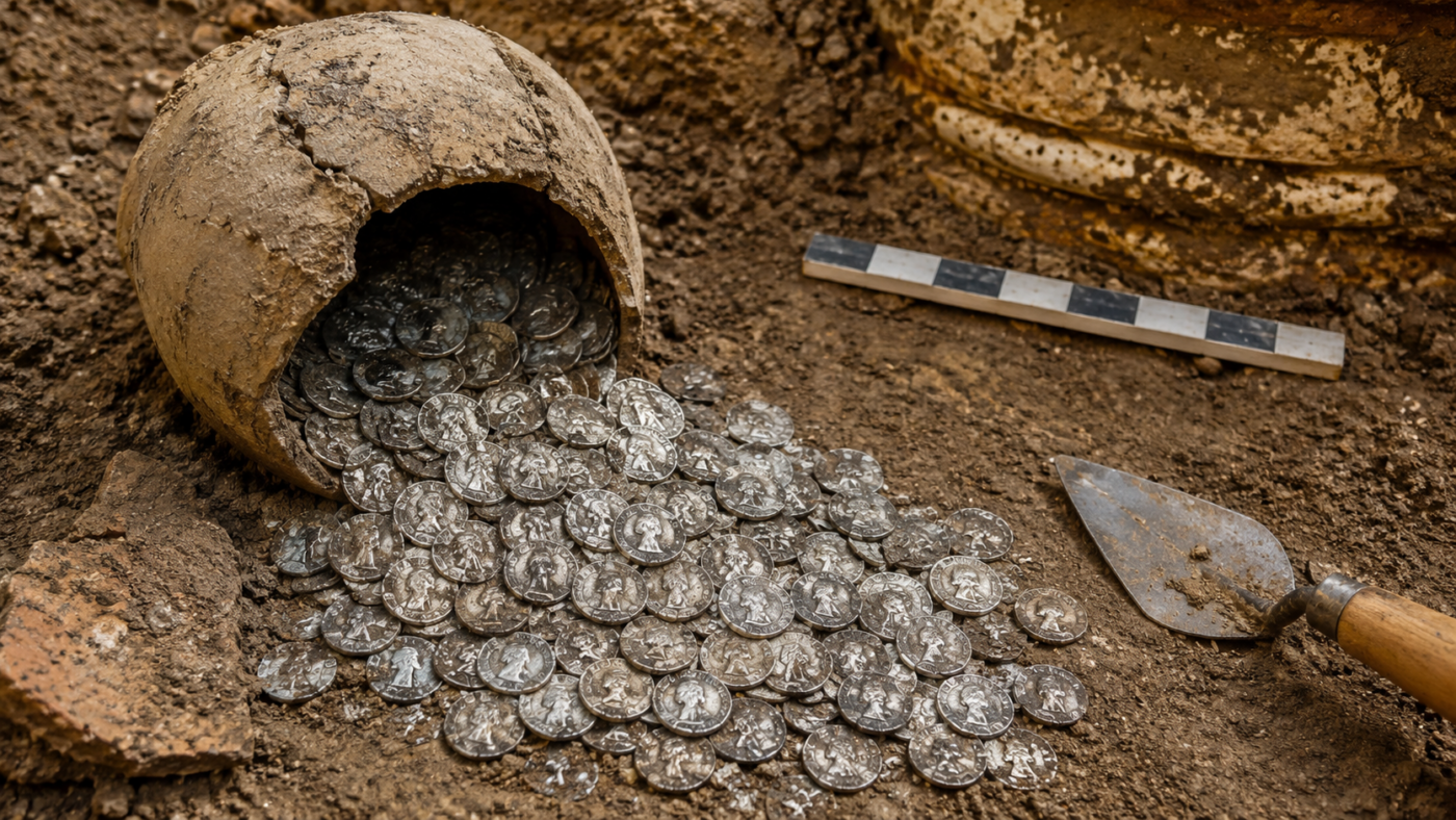 Un pot en céramique brisé posé sur la terre d’une fouille laisse échapper plusieurs centaines de monnaies d’argent romaines ternies, à côté d’une truelle et d’une réglette graduée.