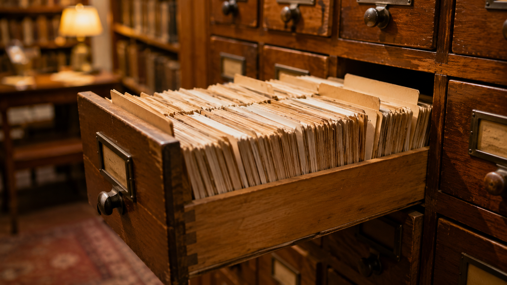 Un tiroir d’un ancien fichier de bibliothèque en bois, ouvert sur des centaines de fiches cartonnées serrées, dans la lumière chaude d’une salle de lecture.