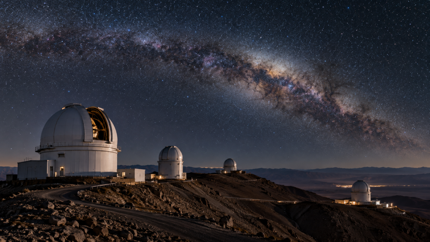Coupoles d’un observatoire de haute altitude sur une crête désertique, sous la bande de la Voie lactée.