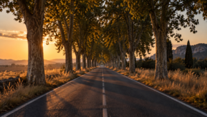 Route départementale déserte bordée de platanes, à la tombée du jour en fin d'été.