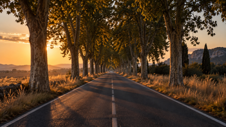 Route départementale déserte bordée de platanes, à la tombée du jour en fin d'été.