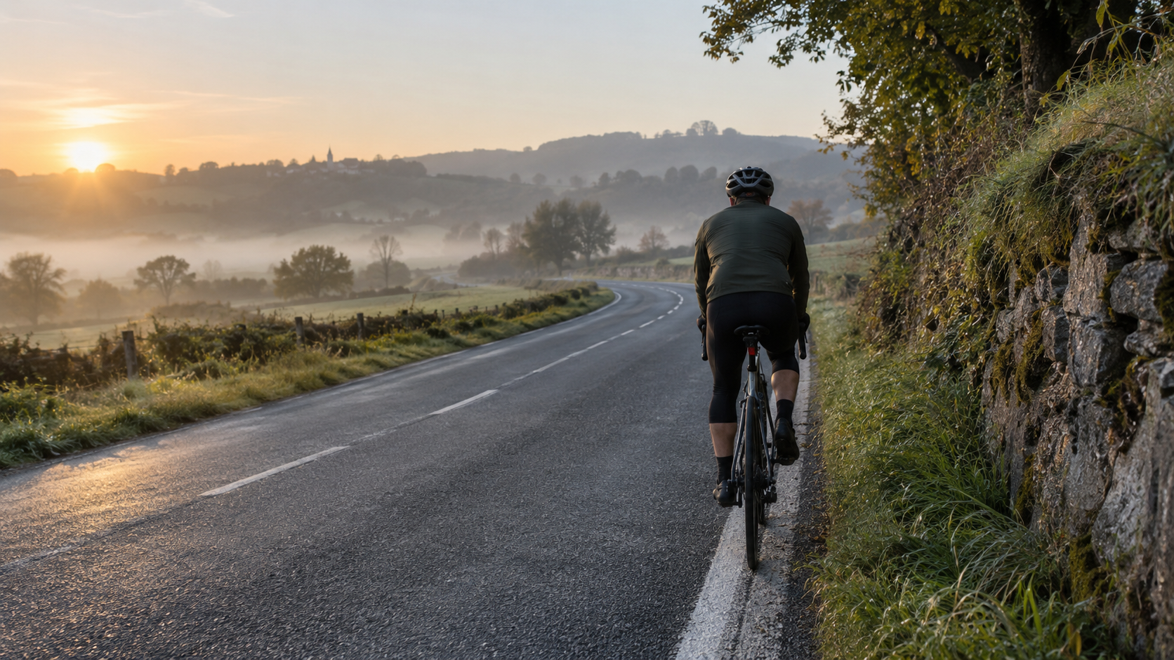 Cycliste de dos sur l'accotement étroit d'une route de campagne, au petit matin.