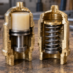 Capsule d'actionneur thermostatique en laiton sciée en deux sur un établi, pastille de cire claire et piston d'acier apparents