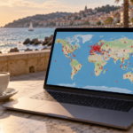 Ordinateur portable posé sur une table de café face à une promenade de bord de mer, écran affichant une carte du monde constellée d’épingles.