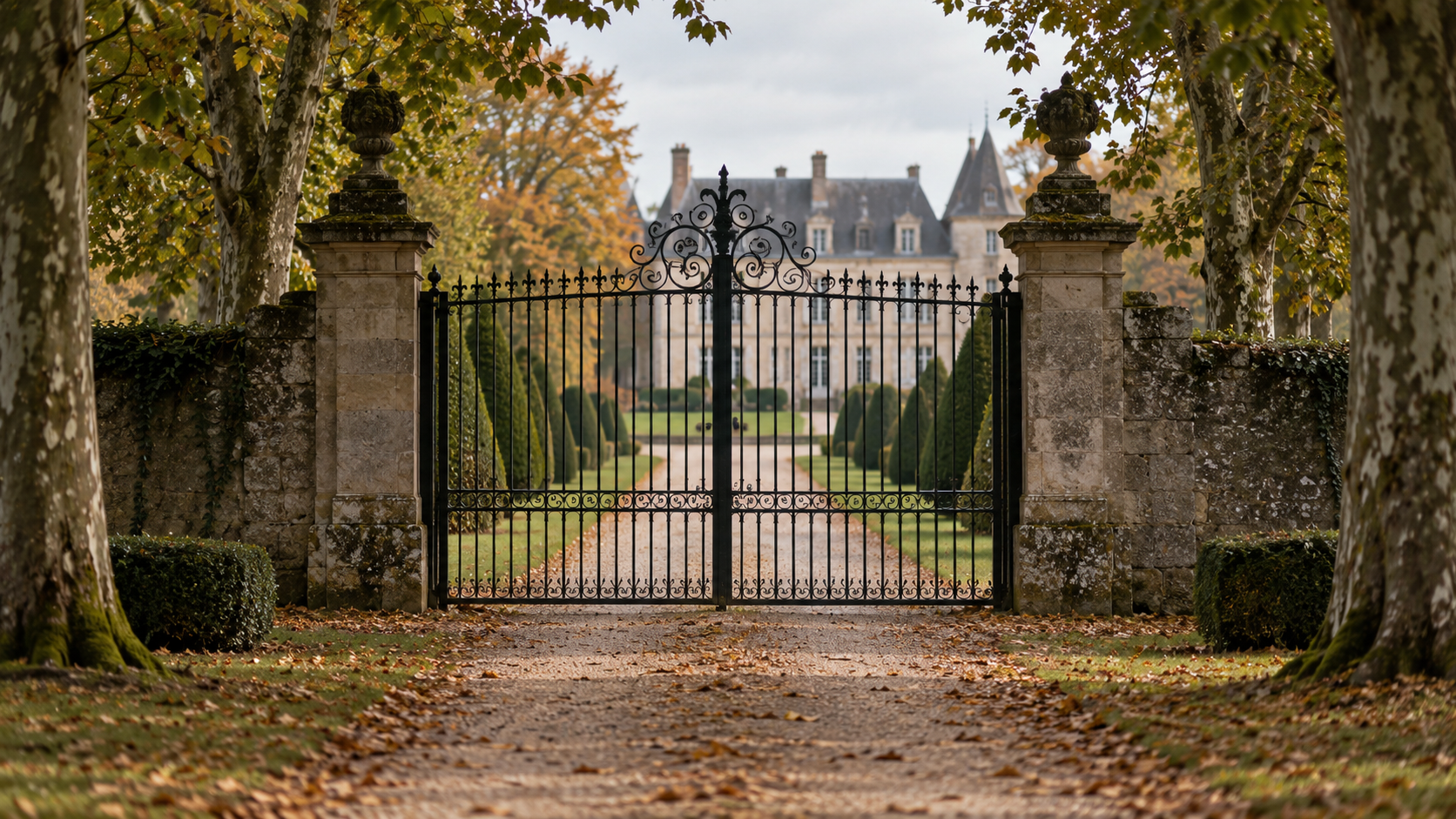 Une grille en fer forgé fermée au bout d'une allée bordée d'arbres, devant un château français.