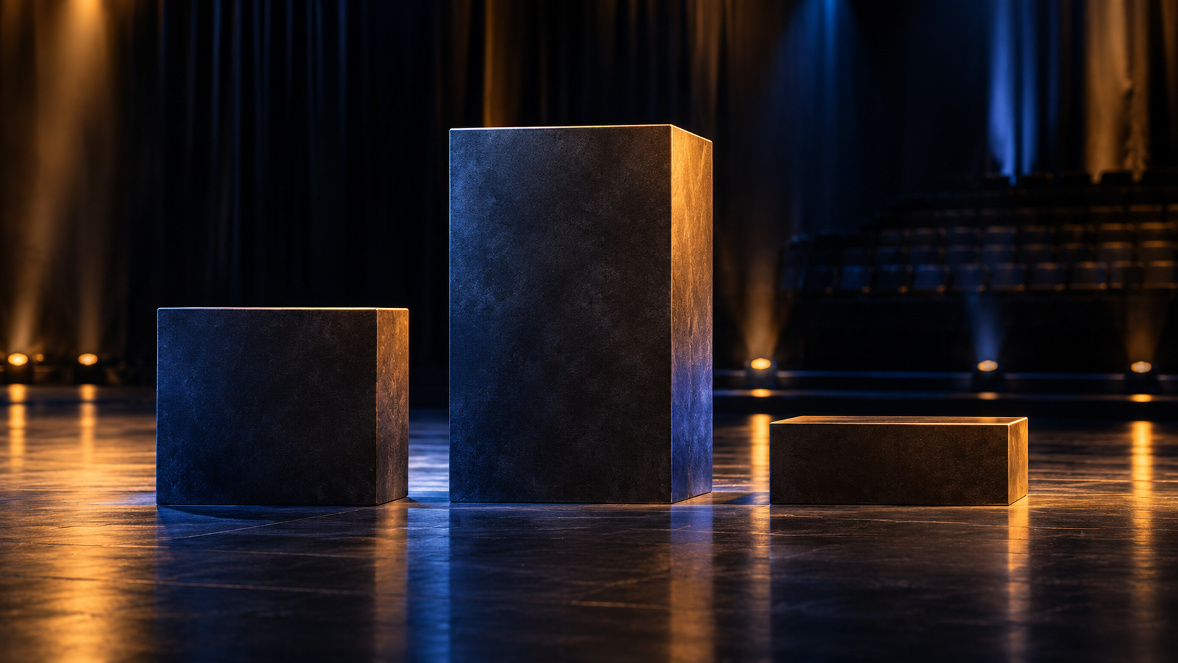 Trois marches de podium de hauteurs très inégales, seules sur le sol sombre d’une salle.