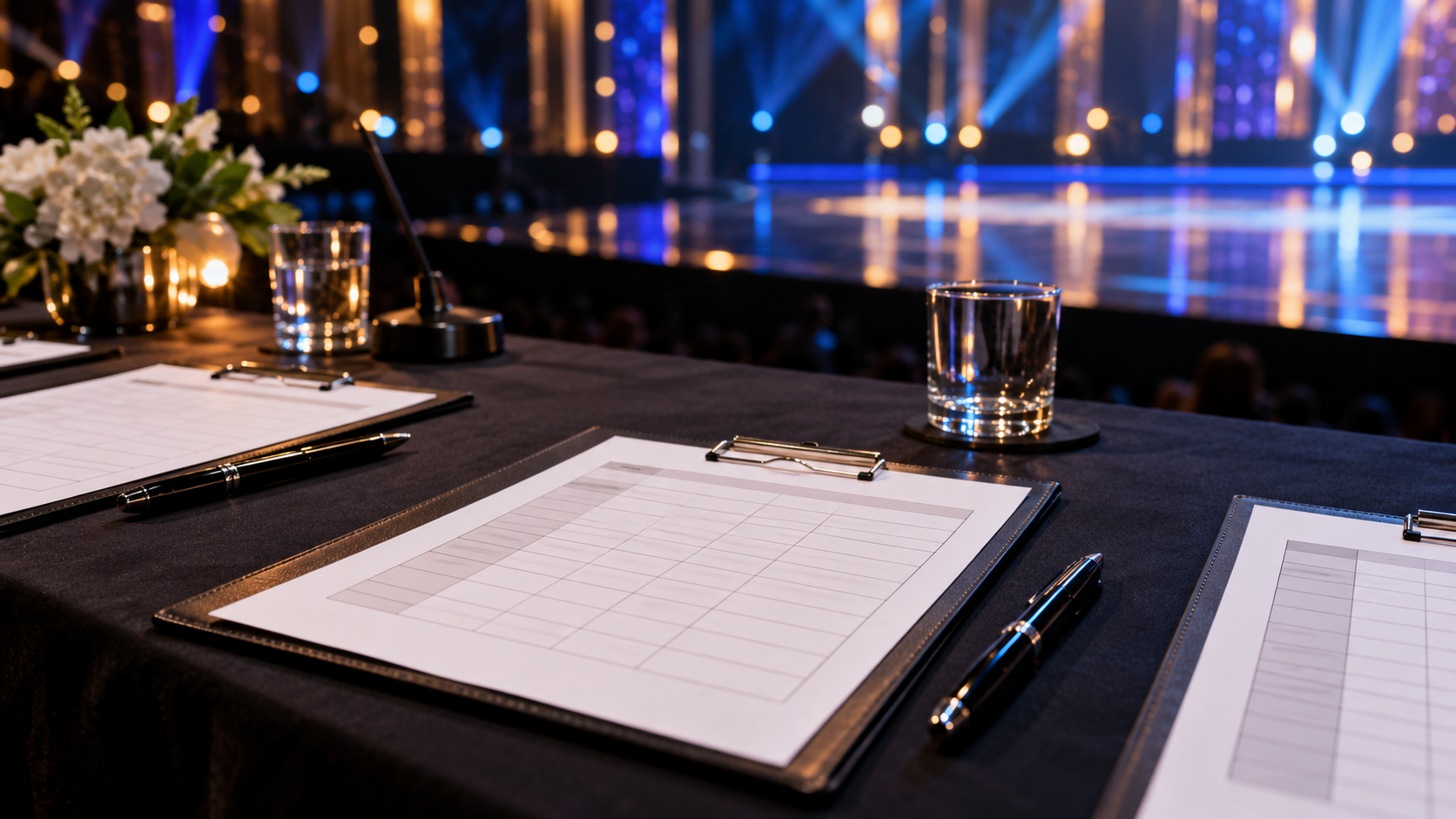 Feuilles de notation vierges et stylos posés sur la table du jury, sous la lumière de la scène.