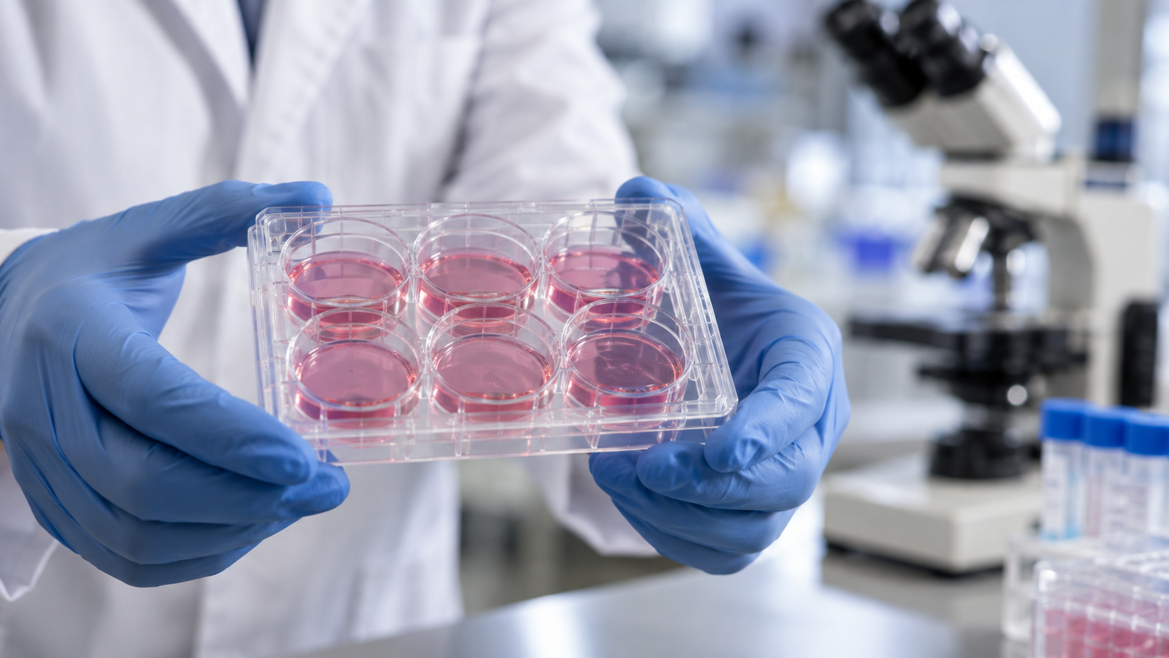 Mains gantées tenant une plaque de culture cellulaire dans un laboratoire, microscope flou en arrière-plan.
