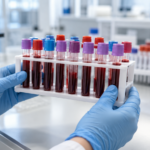 Mains gantées soulevant un portoir de tubes de sang dans un laboratoire d'hématologie clair.