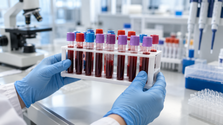 Mains gantées soulevant un portoir de tubes de sang dans un laboratoire d'hématologie clair.