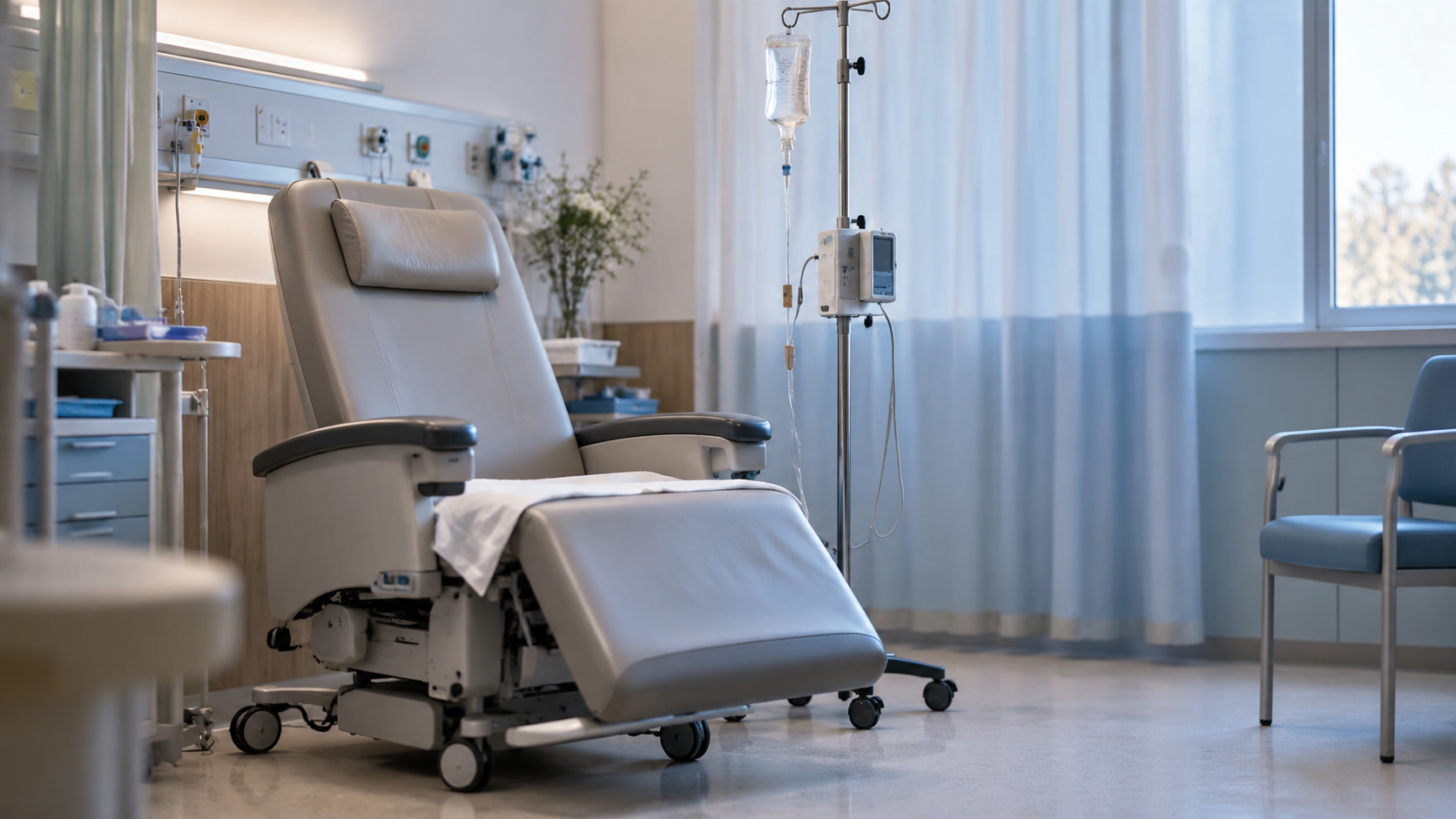 Fauteuil de traitement vide et pied à perfusion dans un box d'hôpital de jour.