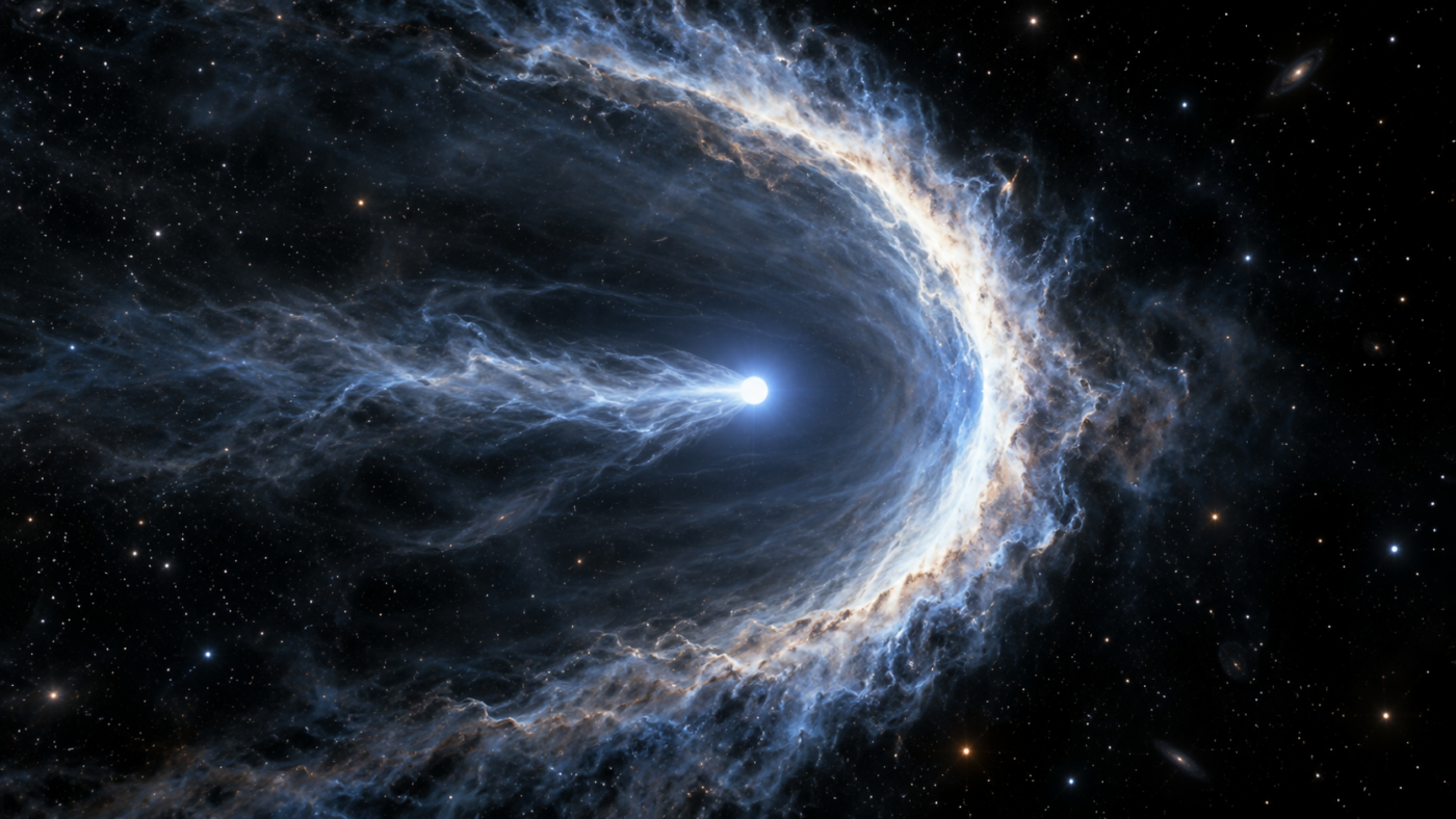 Un point stellaire blanc-bleu avance dans un gaz ténu et pousse devant lui un vaste arc lumineux incurvé.