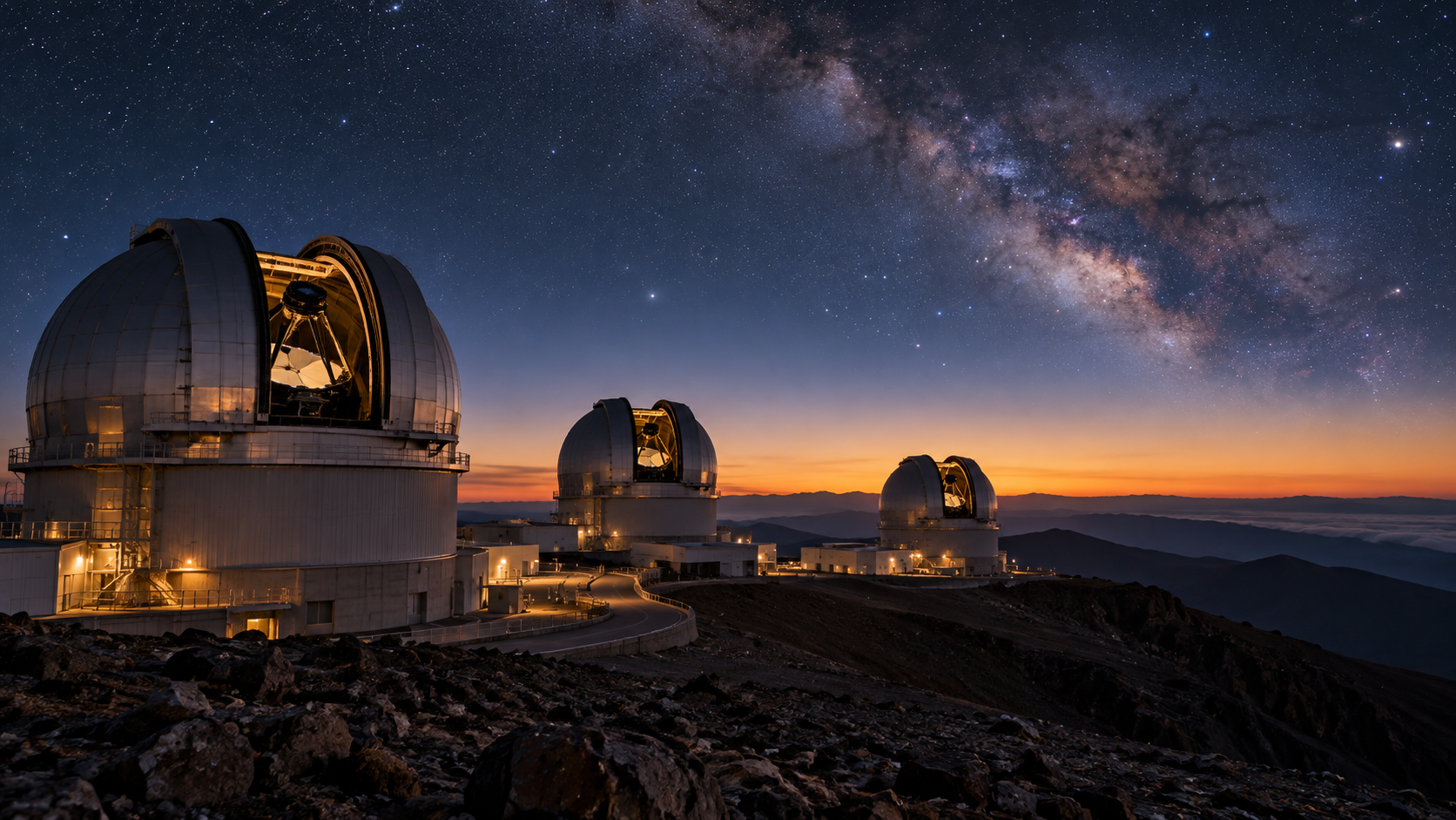 Les coupoles ouvertes d'un grand observatoire de montagne se découpent sur un ciel de crépuscule étoilé.