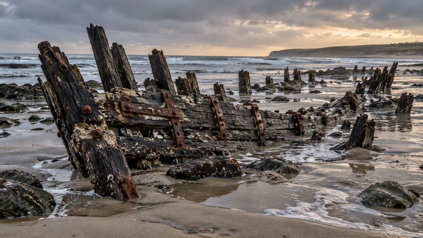 Des poutres de bois sombre tenues par des ferrures rouillées, à demi enfouies dans le sable mouillé d’une plage à marée basse.