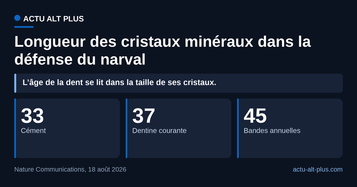 Les cristaux les plus longs se concentrent dans les bandes de croissance annuelles de la dentine, 21 % au-dessus du reste de la couche. Valeurs hautes des fourchettes mesurées sur deux défenses.