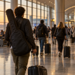 Hall de départ d’un aéroport américain en fin de journée, des voyageurs traversent le concourse avec leurs valises, une housse de guitare portée à l’épaule au premier plan.