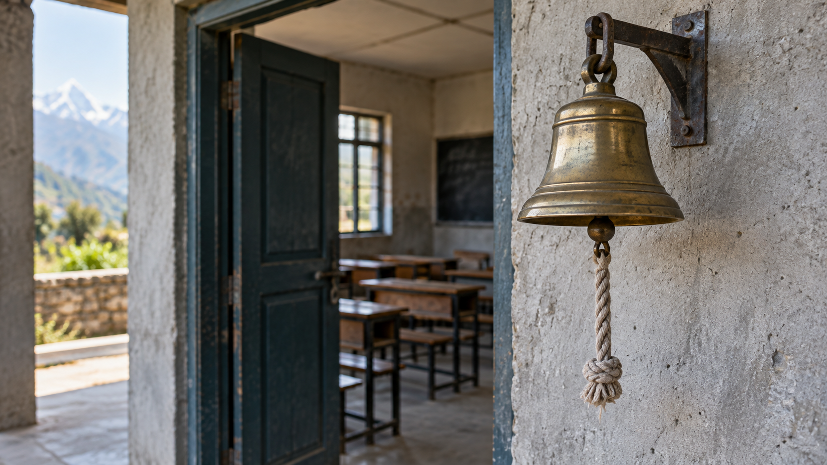 Cloche d’école en laiton fixée à un mur de béton près d’une porte de salle de classe ouverte, corde pendante.