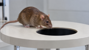 Un rat brun s’arrête au bord d’une ouverture sombre creusée dans une plateforme circulaire claire.