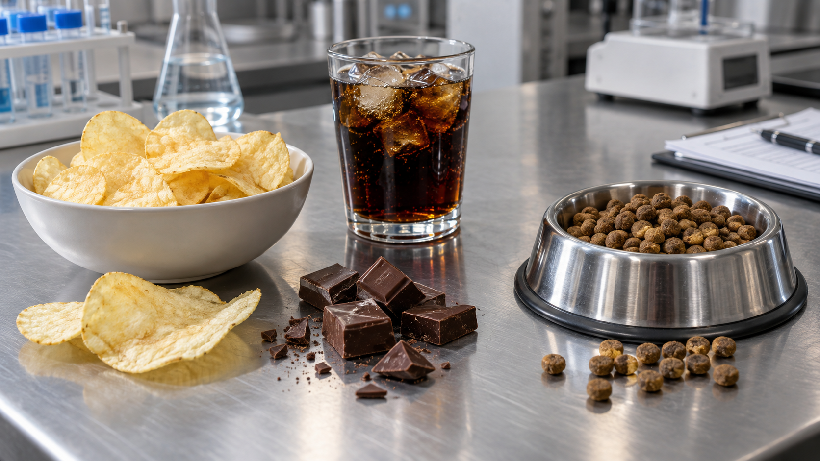Chips, bouchées au chocolat et verre de soda posés sur un plan de travail métallique, à côté de croquettes brunes.