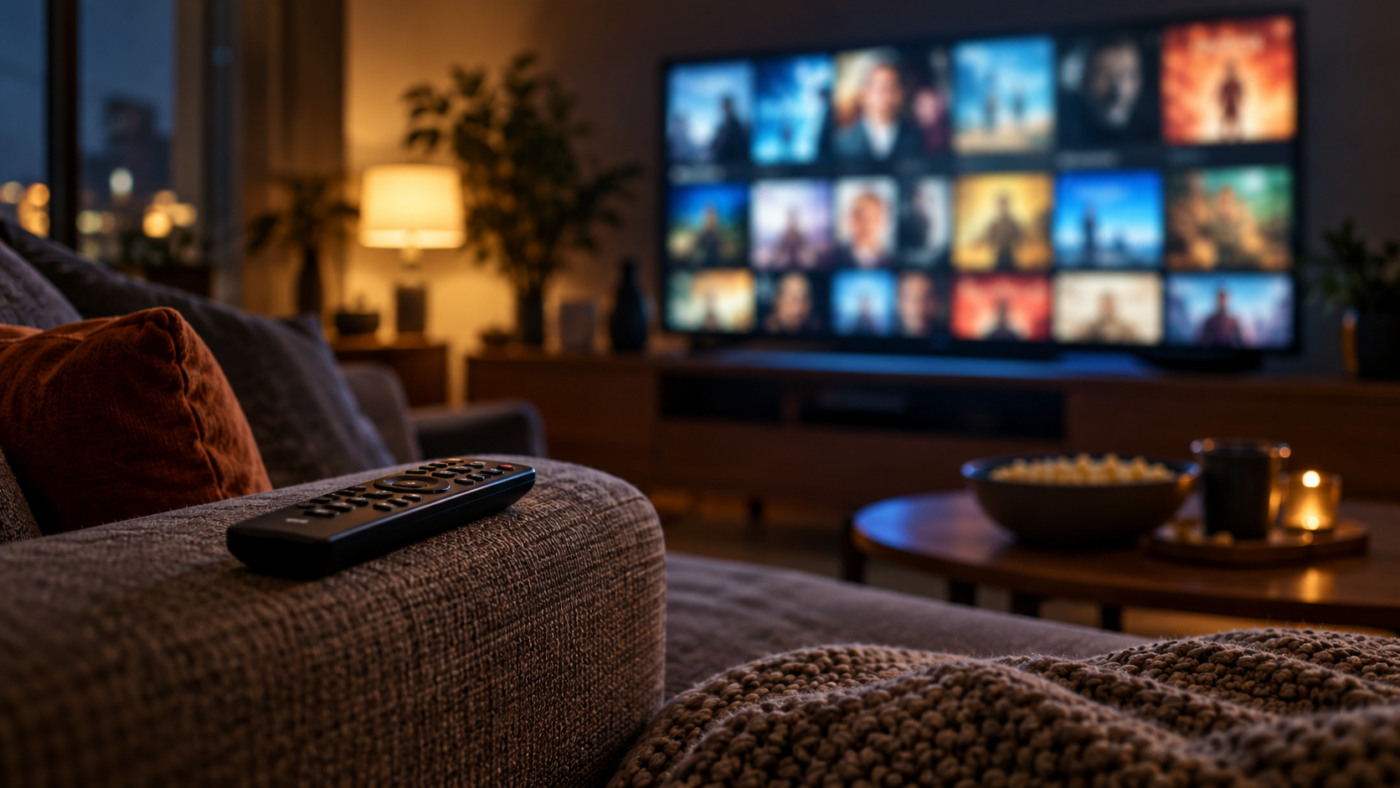 Un salon le soir, la télécommande posée sur l’accoudoir d’un canapé, face à un écran allumé sur une grille de vignettes de films.