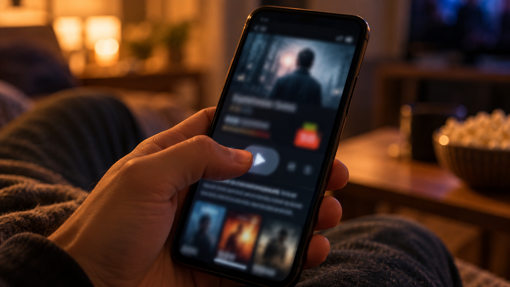 Gros plan sur un téléphone affichant une fiche de film avec un pourcentage d’avis, le pouce au-dessus du bouton de lecture.