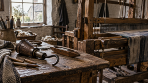 Un métier à tisser en bois dans un atelier de cottage anglais, une prothèse de bras à crochet de fer posée sur l’établi près d’une navette.
