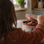 Une main d’enfant soulève le couvercle d’une boîte à gâteaux en métal posée sur une table de cuisine en bois.
