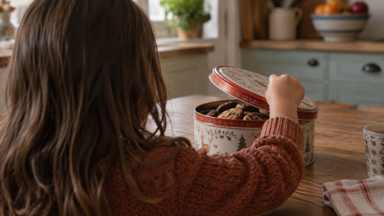 Une main d’enfant soulève le couvercle d’une boîte à gâteaux en métal posée sur une table de cuisine en bois.