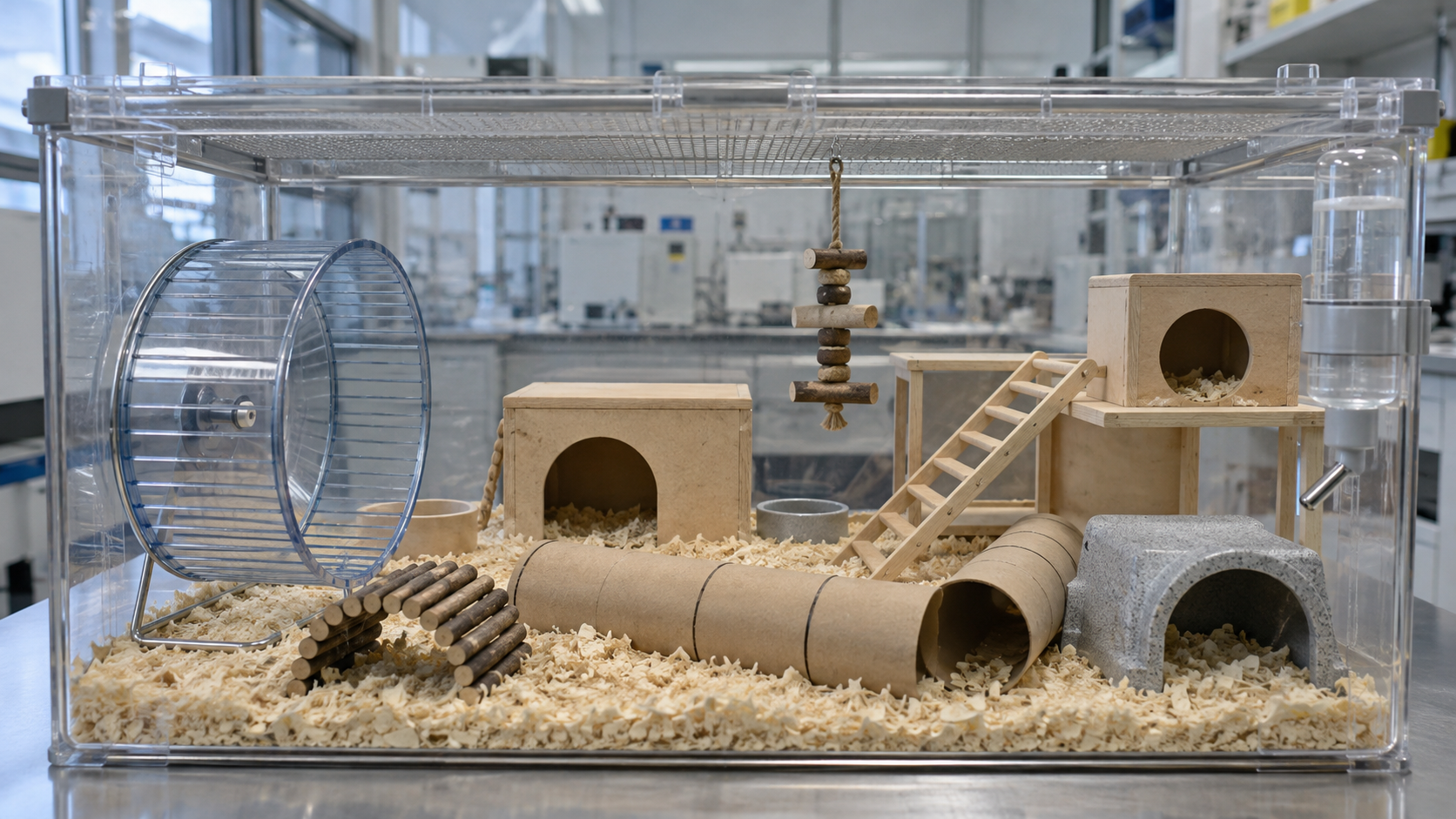 Cage de laboratoire équipée d’une roue, de tunnels en carton, d’échelles et d’abris, sans animal visible.