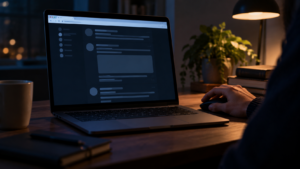Un écran d’ordinateur dans une pièce sombre affiche une page web dépouillée aux lignes floutées, une main posée sur la souris.