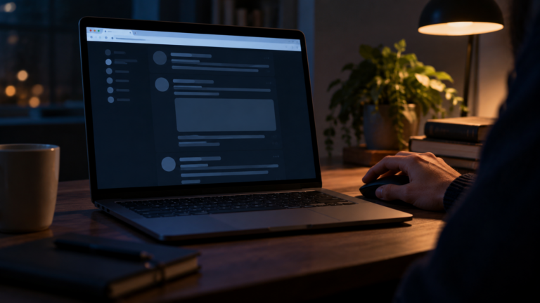 Un écran d’ordinateur dans une pièce sombre affiche une page web dépouillée aux lignes floutées, une main posée sur la souris.