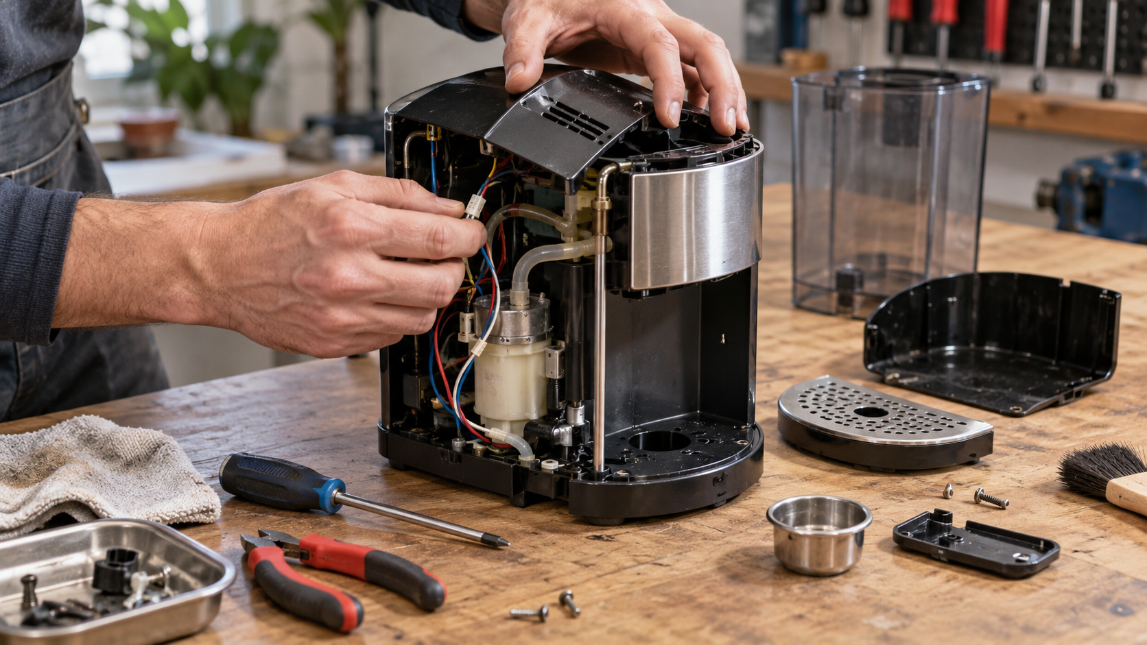 Des mains démontent un petit appareil électroménager sur la table d’un atelier de réparation, outils et pièces autour.
