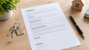 Un contrat de location imprimé posé sur une table en bois clair, avec un jeu de clés d'appartement et un stylo.