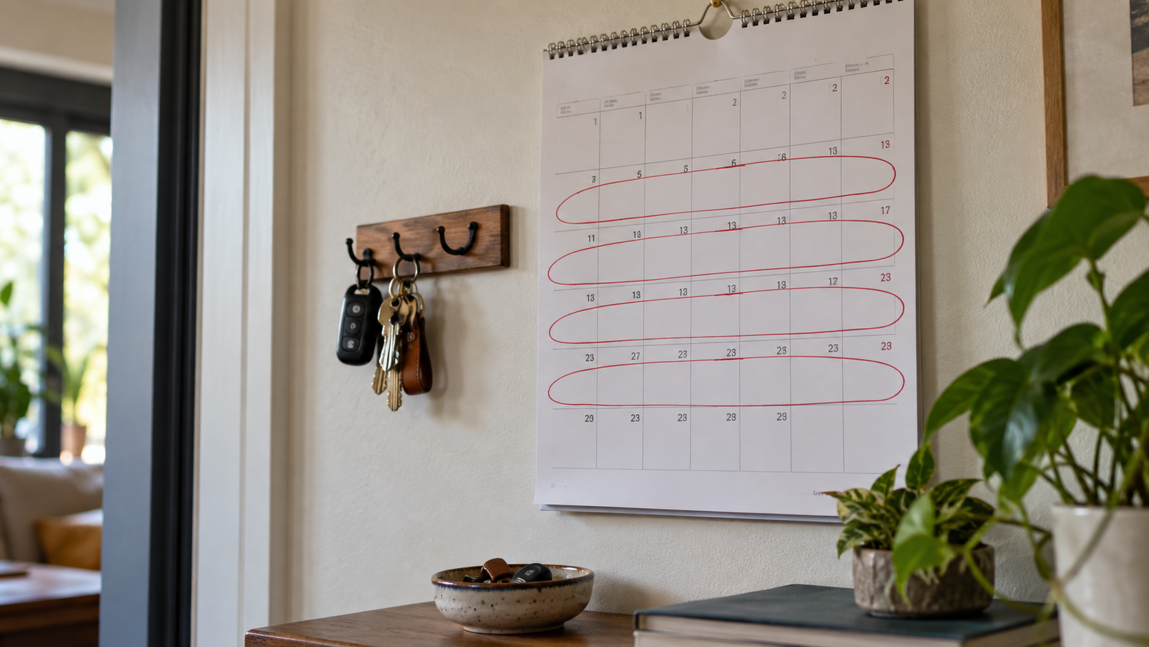 Un calendrier mural sur lequel plusieurs semaines consécutives sont entourées au stylo, près d'un porte-clés.