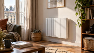 Radiateur électrique mural dans le séjour d’un appartement, éclairé par la lumière du matin.