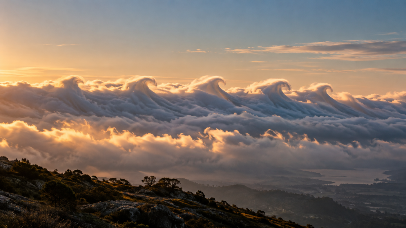 Couche de nuages bas vue de profil depuis une colline, sa surface supérieure enroulée en une rangée de vagues déferlantes, au soleil rasant