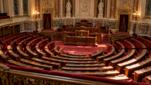 Hémicycle d’un sénat européen aux bancs de velours rouge vides, vu depuis les tribunes en fin d’après-midi