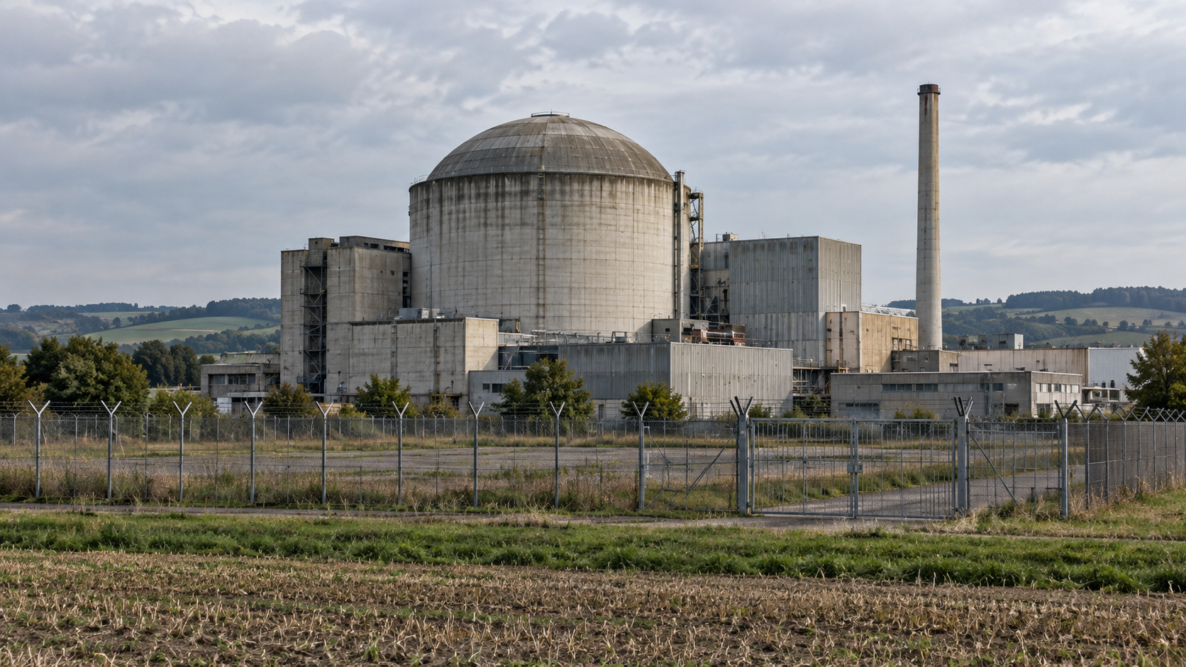 Bâtiment réacteur désaffecté d’une centrale nucléaire au milieu de champs, grillage fermé au premier plan