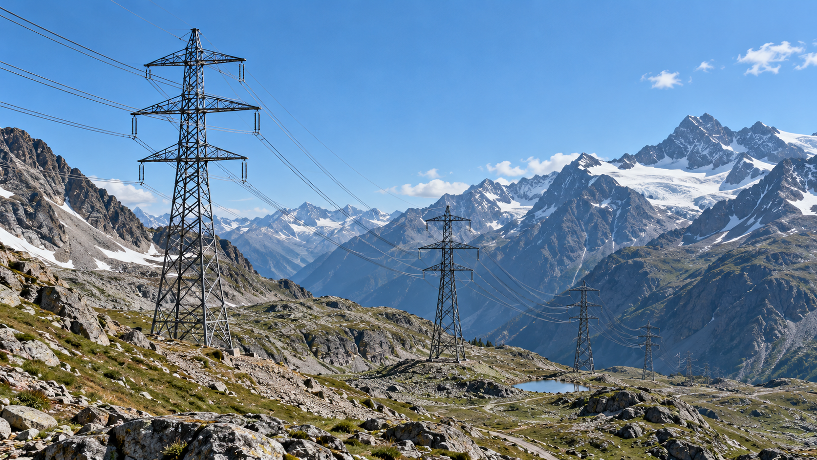 Pylônes de très haute tension franchissant un col alpin rocheux sous un ciel dégagé