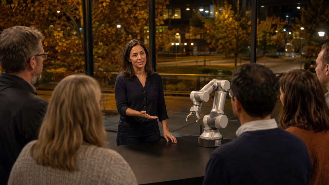 Une chercheuse présente un petit bras robotisé à quelques visiteurs dans un hall universitaire vitré, un soir d’automne.