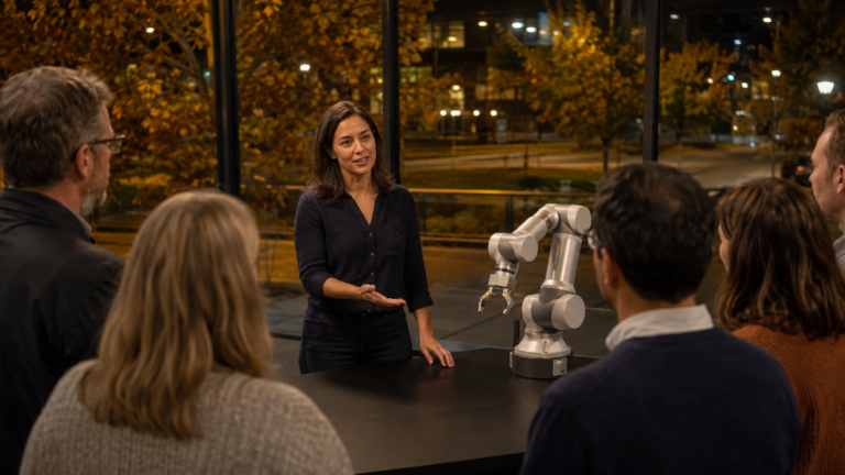 Une chercheuse présente un petit bras robotisé à quelques visiteurs dans un hall universitaire vitré, un soir d’automne.