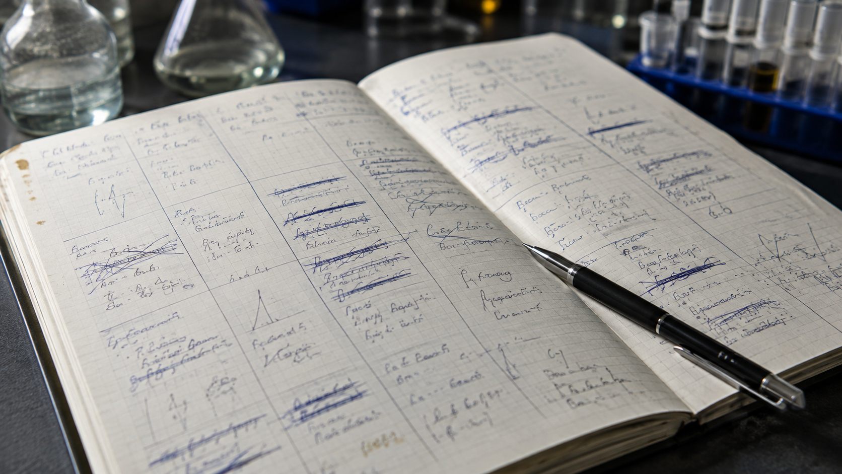 Un cahier de laboratoire ouvert, des colonnes de chiffres manuscrits dont plusieurs lignes sont rayées, un stylo posé en travers.
