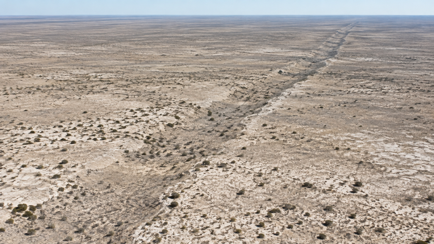 Vue aérienne d’une plaine calcaire aride traversée par une longue dépression rectiligne à peine perceptible.