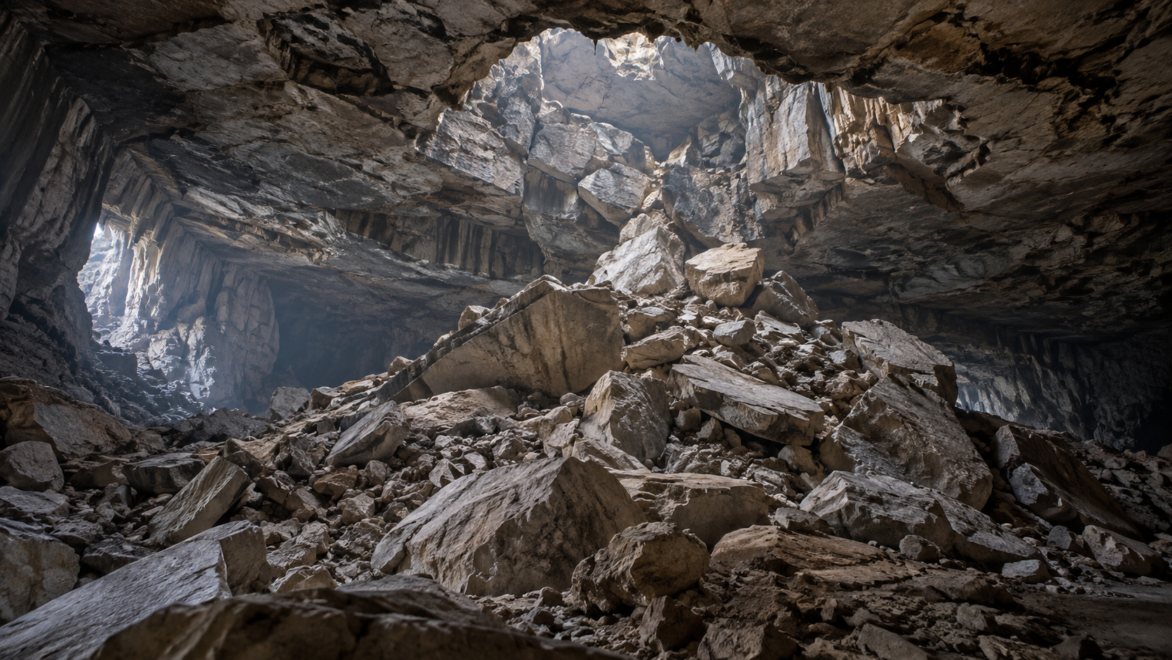 Immense salle souterraine sèche dont le plafond fracturé surplombe un amoncellement de blocs effondrés.