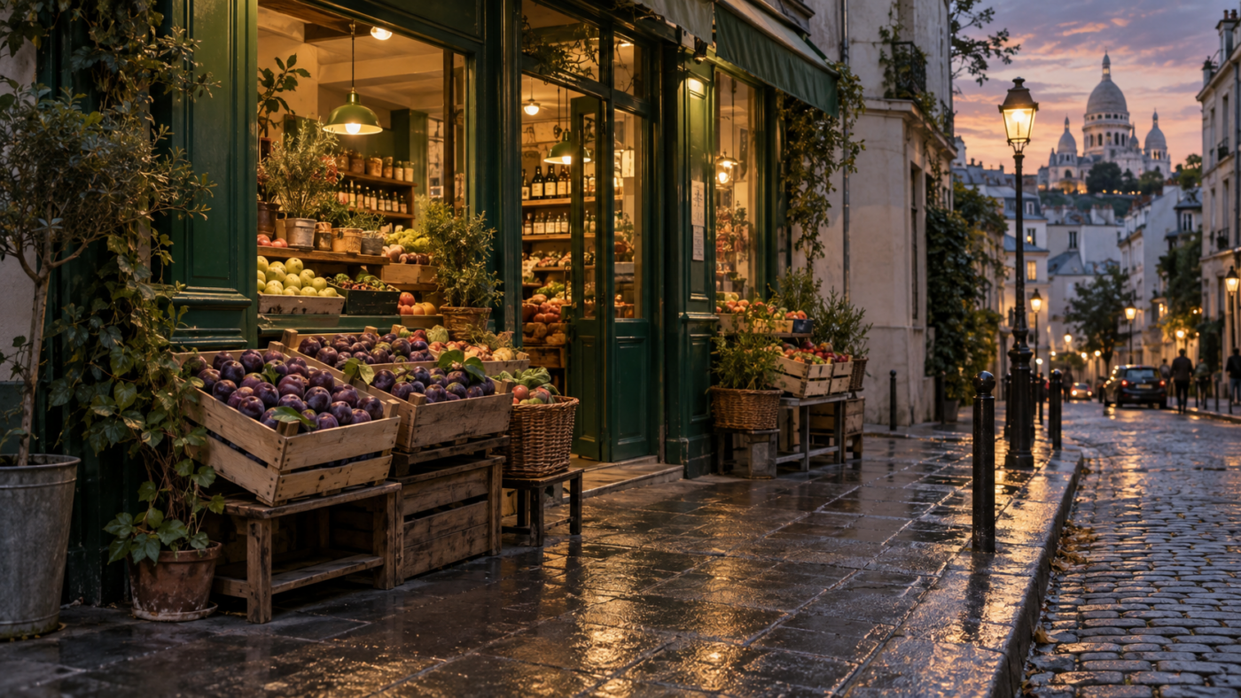 Devanture verte d’une petite épicerie de quartier à Montmartre, cageots de prunes sur le trottoir pavé, à la tombée du jour.