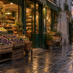 Devanture verte d’une petite épicerie de quartier à Montmartre, cageots de prunes sur le trottoir pavé, à la tombée du jour.
