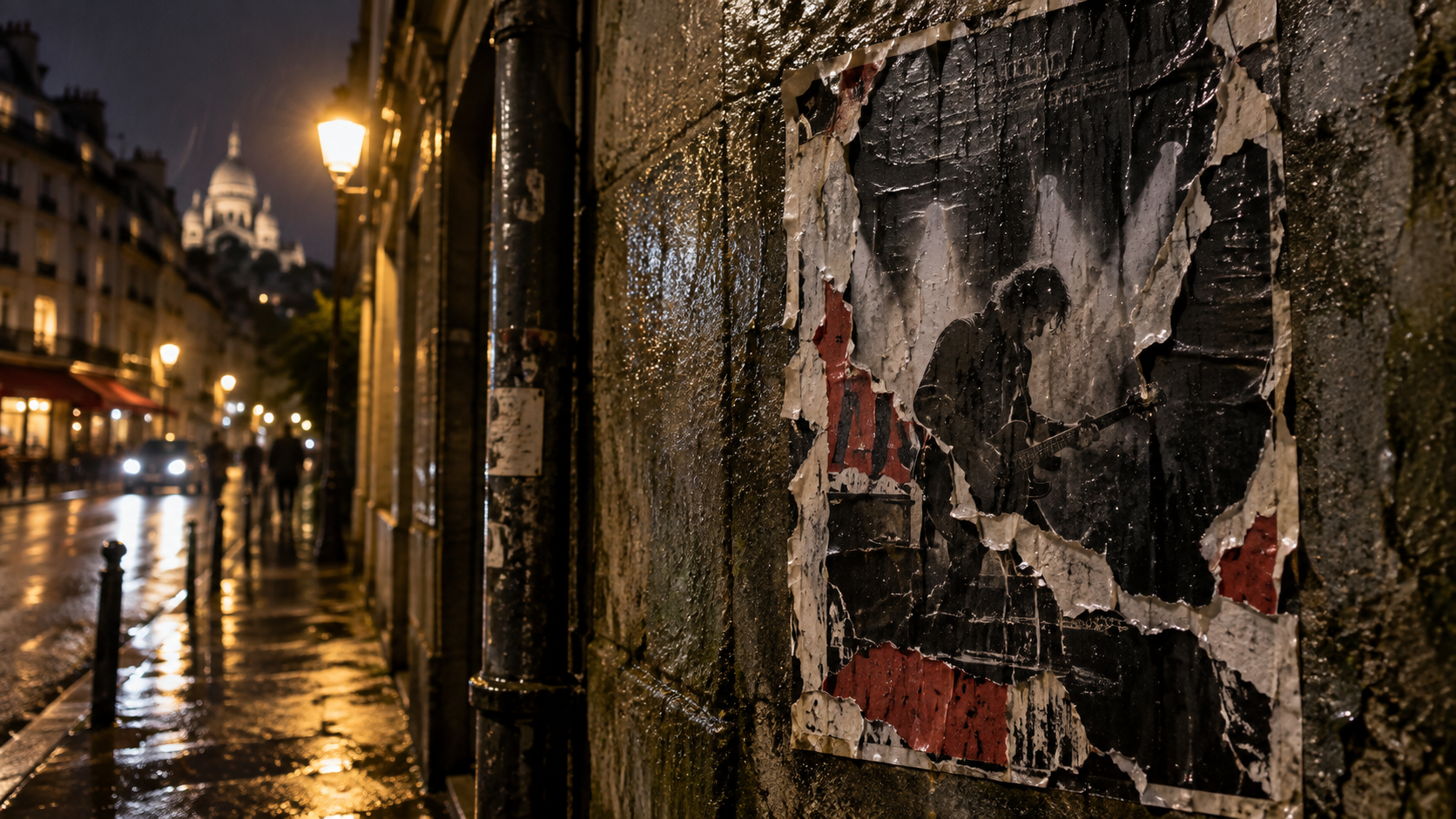 Affiche de concert déchirée sur un mur parisien humide, éclairée par un lampadaire, aucun texte lisible.