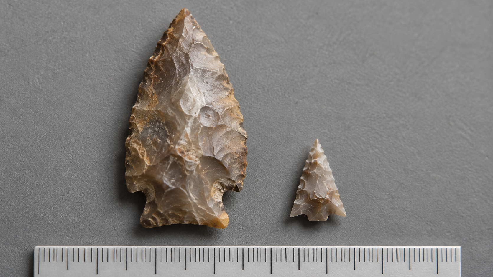 Deux pointes de silex taillées posées sur un plateau gris, l’une massive, l’autre triangulaire et minuscule, avec une réglette millimétrée.