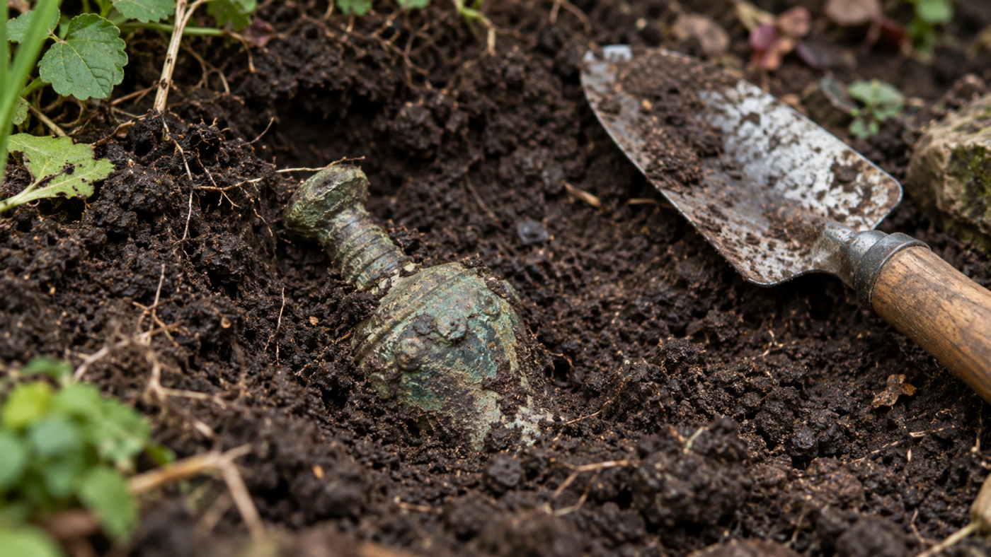 Petit objet de bronze corrodé à demi dégagé dans la terre sombre d’un jardin, une truelle posée juste à côté.