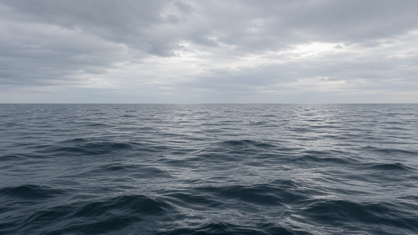 Surface d'un océan calme sous une lumière grise, houle basse, aucune côte à l'horizon